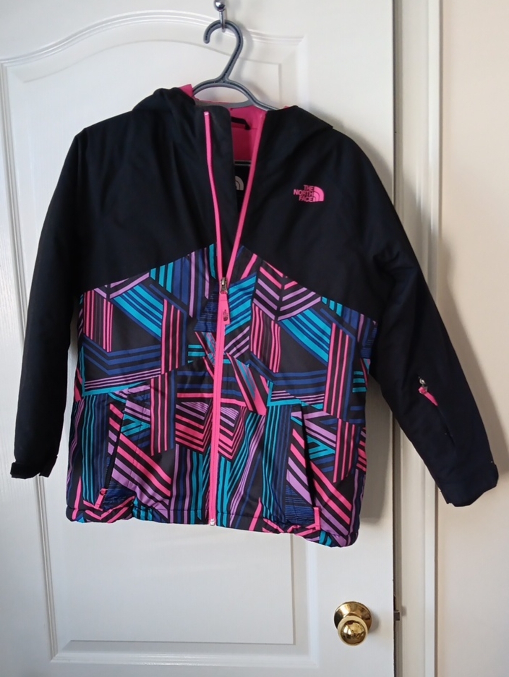 The North Face Black Jacket with Pink, Blue & Purple Geo Print